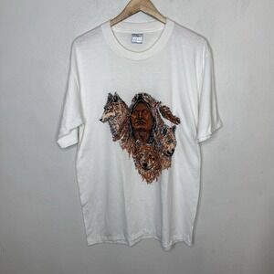 Vintage‎ Single Stitch All Sport Wolf  White T-Shirt Mens Large Native American